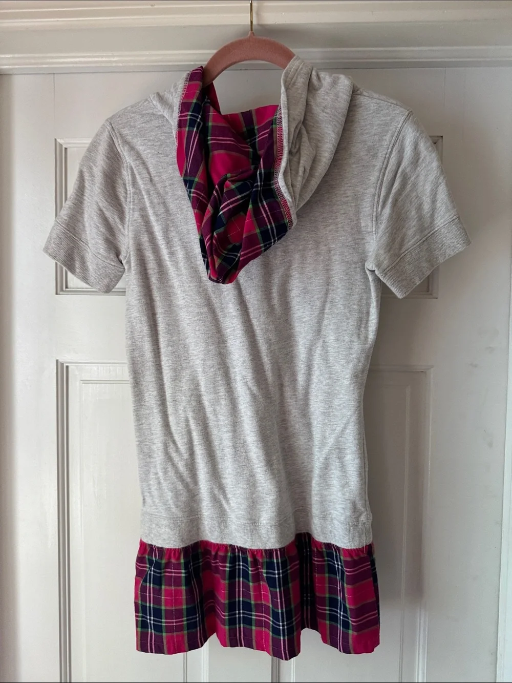 Justice Gray Hoodie Dress with Pink Plaid Ruffle and Green Script